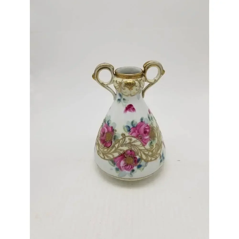 Antique Nippon Maple Leaf Vase Pink Roses Moriage Gold Double Handle (Repaired)